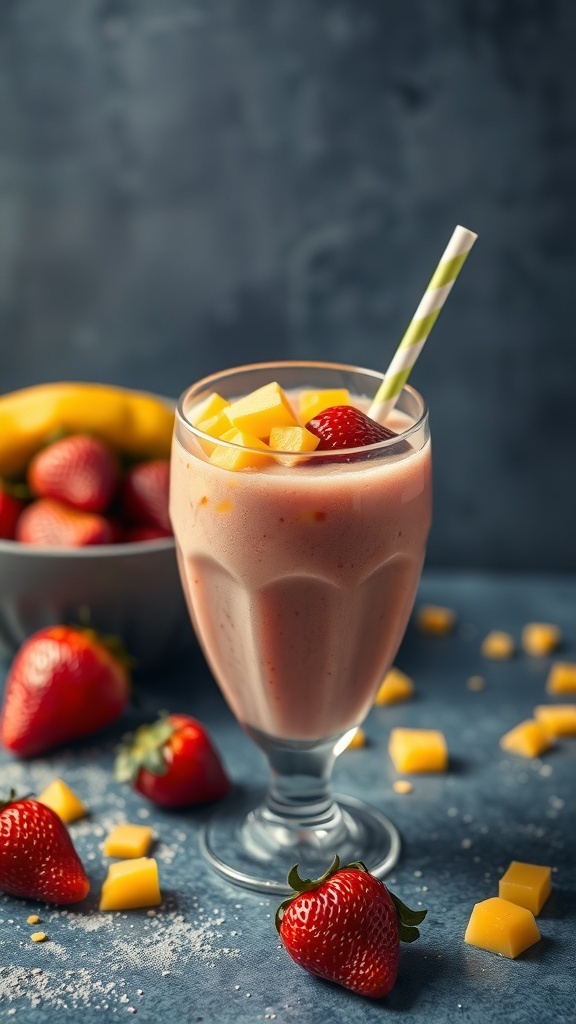 A refreshing mango strawberry smoothie in a glass with fresh strawberries and mango chunks on top, surrounded by more strawberries and mango pieces.