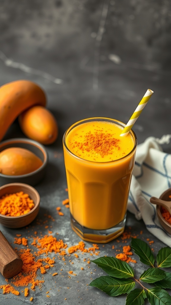 A vibrant mango turmeric smoothie in a glass with a yellow straw, surrounded by fresh mangoes and turmeric powder.