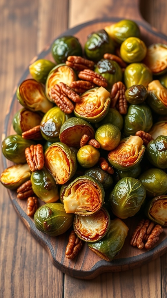 A wooden platter filled with roasted Brussels sprouts and pecans, glazed with maple syrup.