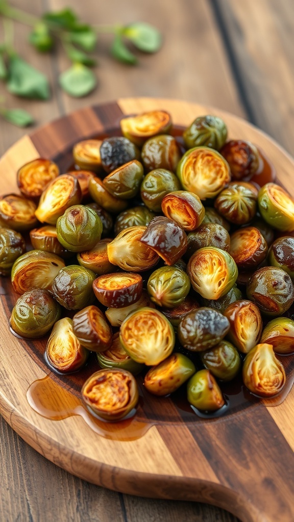 Maple-glazed Brussels sprouts on a wooden platter