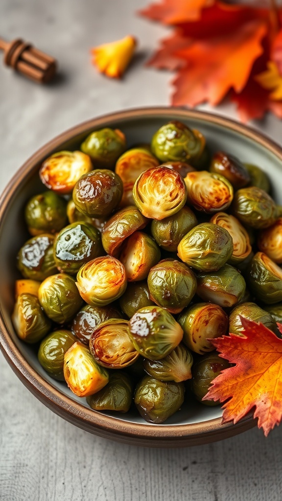 A bowl of maple-glazed Brussels sprouts with autumn leaves in the background