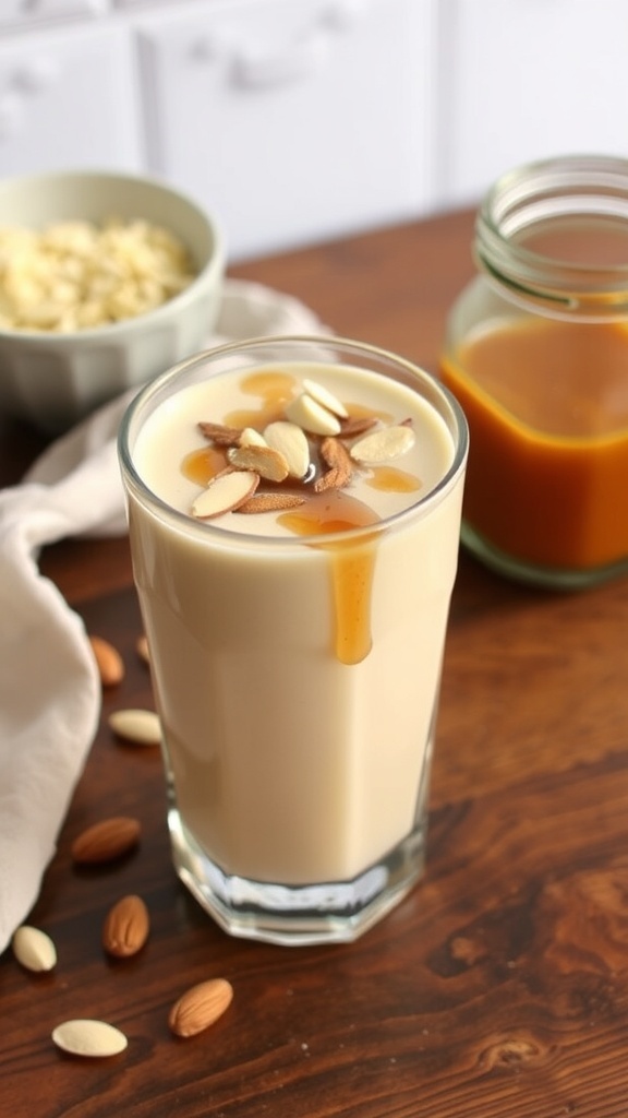 A glass of Maple Almond Smoothie with maple syrup drizzle and almonds on a wooden surface.