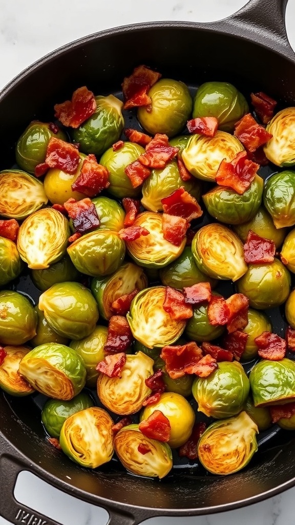 A skillet filled with roasted Brussels sprouts and crispy bacon pieces.