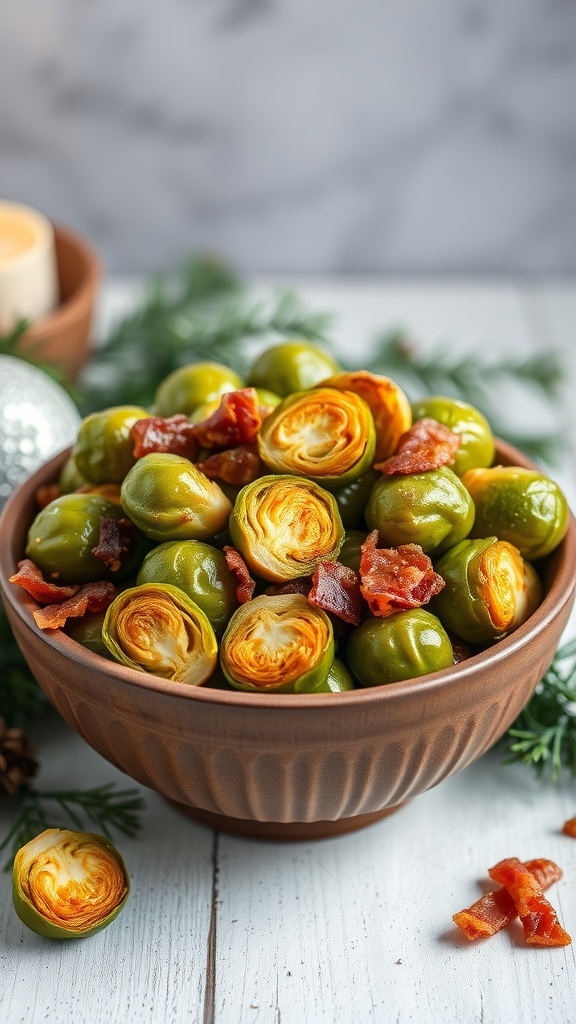 Bowl of Maple Bacon Brussels Sprouts with crispy bacon bits