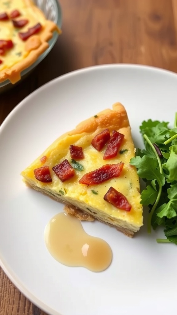 A slice of maple bacon quiche on a plate with greens and maple syrup