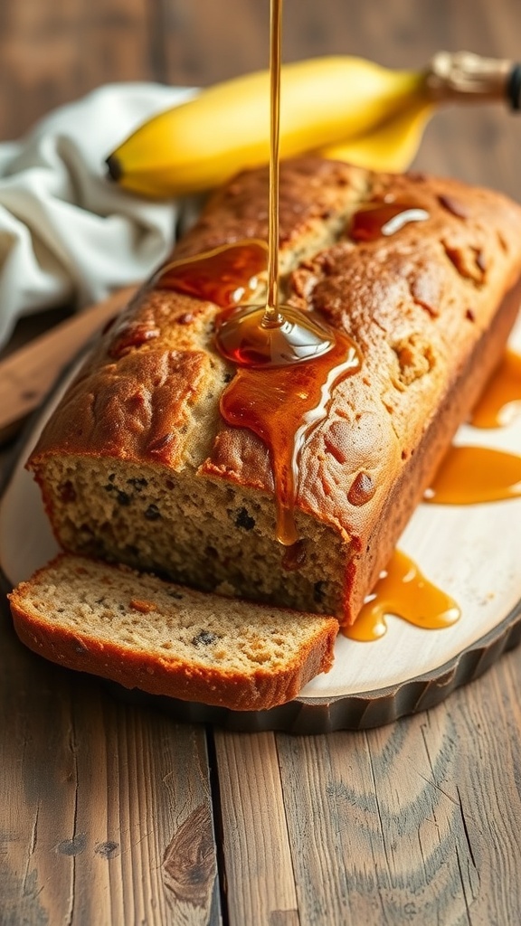 A loaf of banana bread drizzled with maple syrup, with a banana in the background.