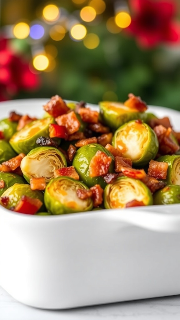 A dish of maple Brussels sprouts with bacon, garnished and ready to serve, with festive lights in the background.