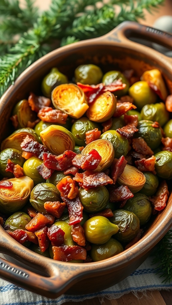 A dish of Maple Brussels Sprouts with Bacon, featuring roasted Brussels sprouts mixed with crispy bacon bits.