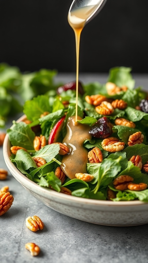 A fresh salad with greens, pecans, and a drizzle of maple Dijon vinaigrette.