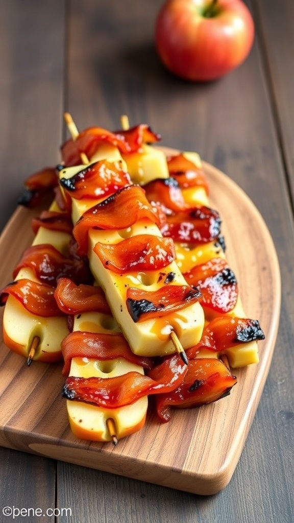 Maple glazed apple and bacon skewers on a wooden platter with a fresh apple in the background.