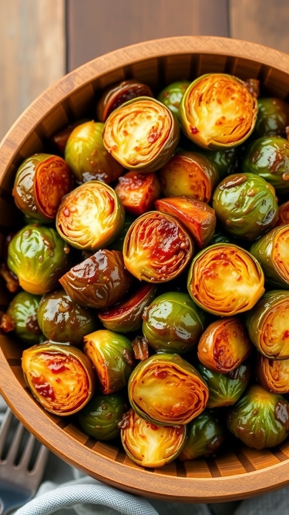 A bowl of maple glazed Brussels sprouts, showcasing their vibrant colors and caramelized texture.