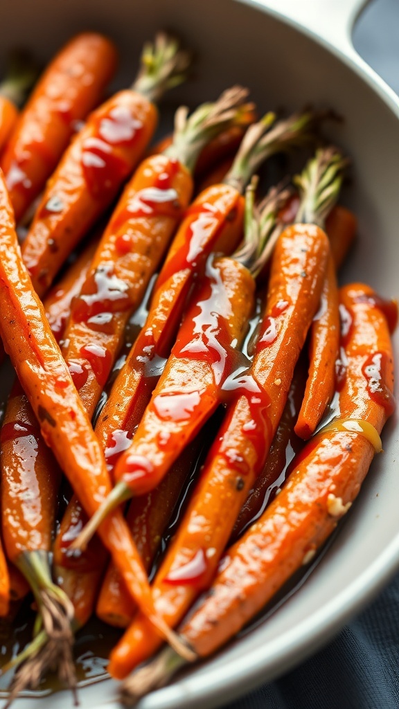 A close-up of maple glazed carrots in a dish, showcasing their vibrant orange color and shiny glaze.