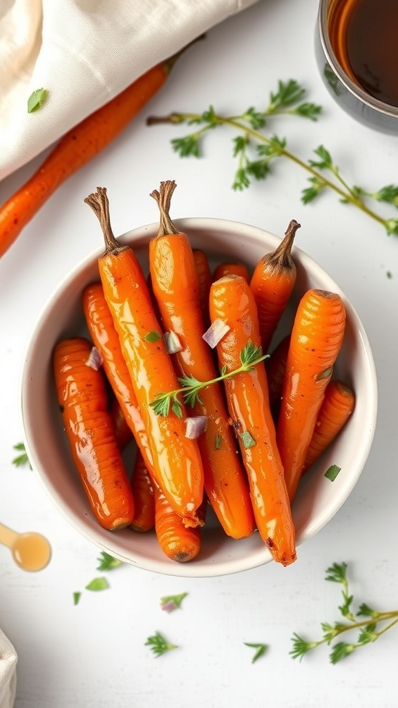 A bowl of maple glazed carrots garnished with parsley