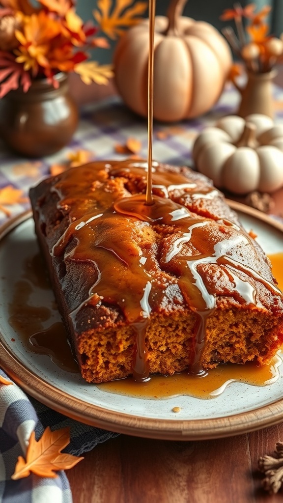 A loaf of pumpkin bread drizzled with maple glaze, surrounded by autumn decorations.