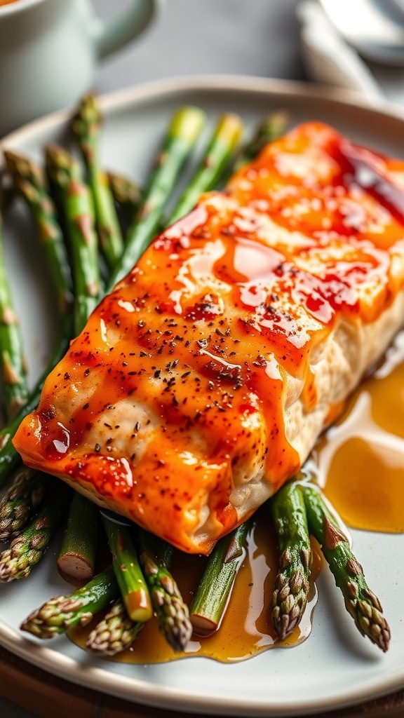 A plate of maple glazed salmon with asparagus