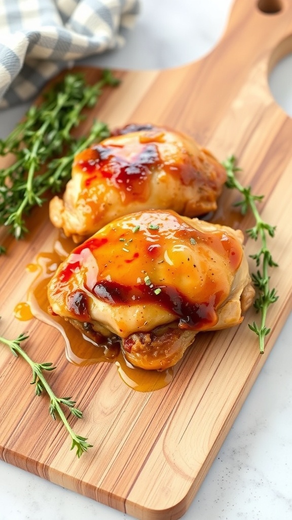 Juicy maple mustard chicken thighs on a wooden cutting board with fresh thyme.