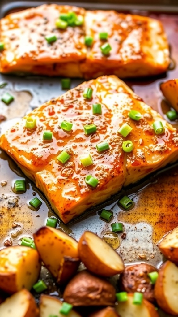 Maple Mustard Glazed Salmon with roasted potatoes and chives