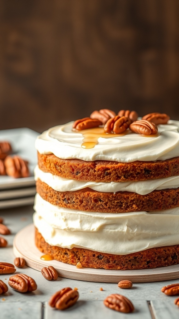 A beautifully layered Maple Pecan Cake topped with buttercream frosting and pecans.