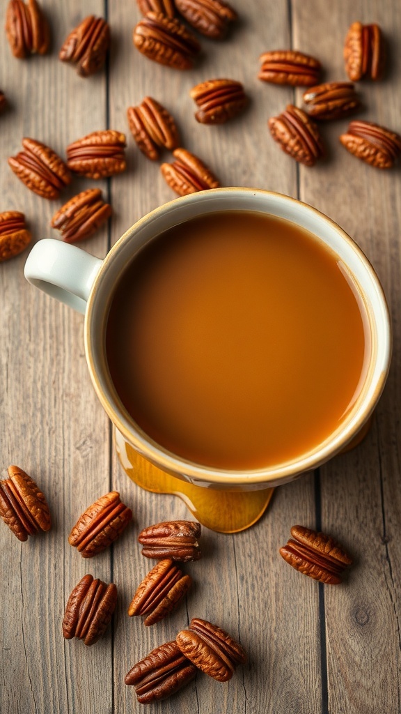 A cup of maple pecan coffee surrounded by pecans on a wooden table.