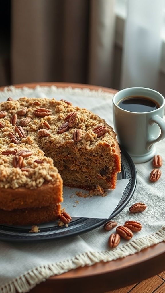A slice of maple pecan coffee cake on a plate next to a cup of coffee, with pecans scattered around.