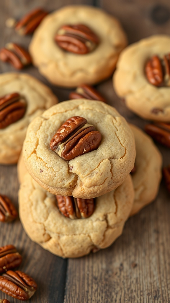 Delicious maple pecan cookies stacked with whole pecans on top