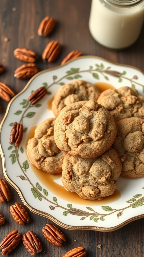 Plate of maple pecan cookies with pecans and a glass of milk
