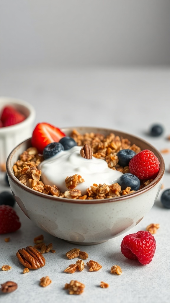 A bowl of maple pecan granola topped with yogurt and fresh berries.