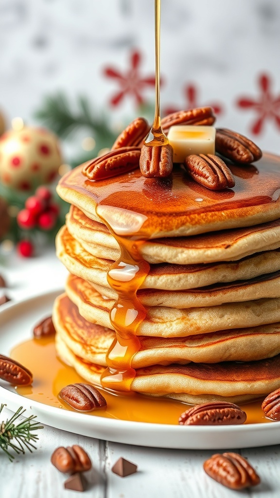 A stack of maple pecan pancakes topped with syrup and pecans, set against a festive background.