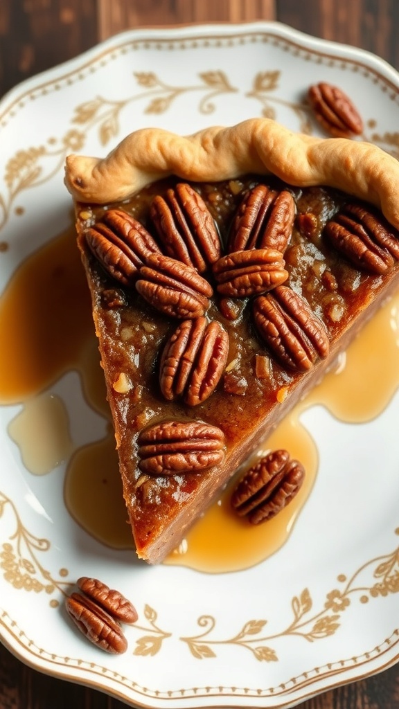 A slice of maple pecan pie topped with pecans and drizzled with maple syrup on an elegant plate.