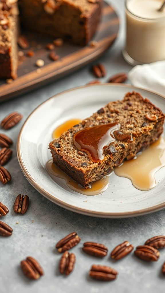 Slice of maple pecan quick bread drizzled with syrup, surrounded by pecans.