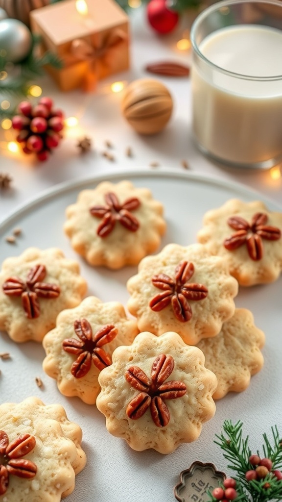 A plate of Maple Pecan Shortbread Cookies decorated with pecans, surrounded by festive holiday decorations.