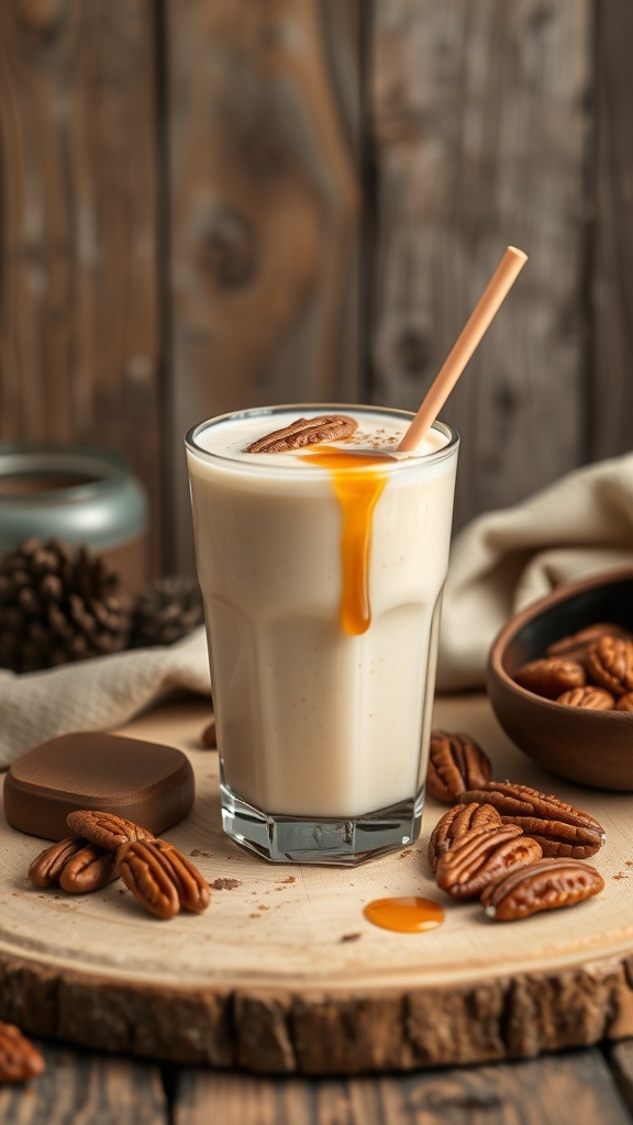 A glass of Maple Pecan Smoothie topped with a pecan and maple syrup, surrounded by pecans on a wooden board.