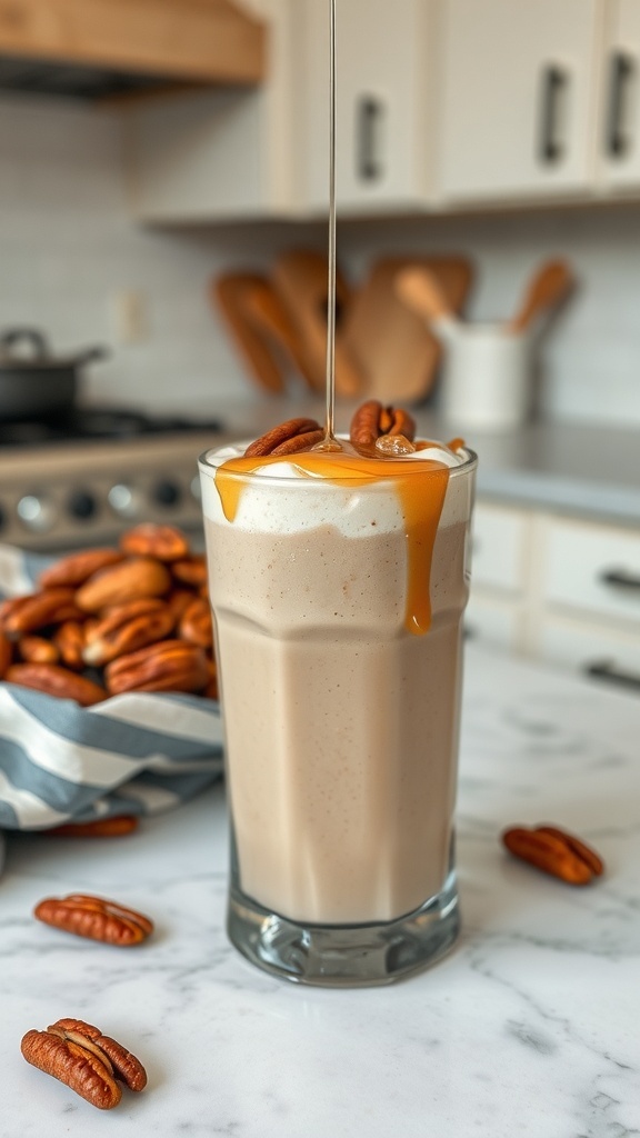 A glass of Maple Pecan Smoothie topped with maple syrup and pecans, with pecans scattered around.