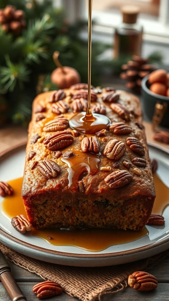 A loaf of maple pecan sweet bread topped with pecans and drizzled with maple syrup.
