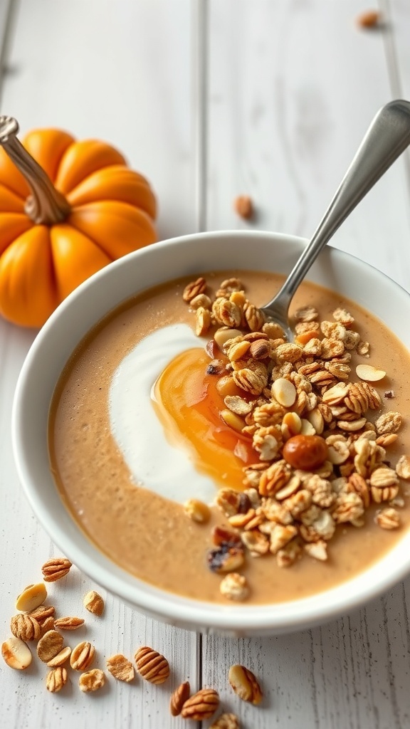 A bowl of maple pumpkin smoothie topped with granola and yogurt, with a small pumpkin beside it.