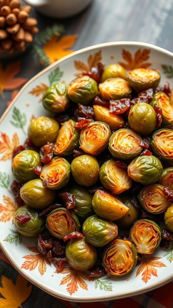 A platter of maple roasted Brussels sprouts with cranberries and pecans, surrounded by autumn leaves.