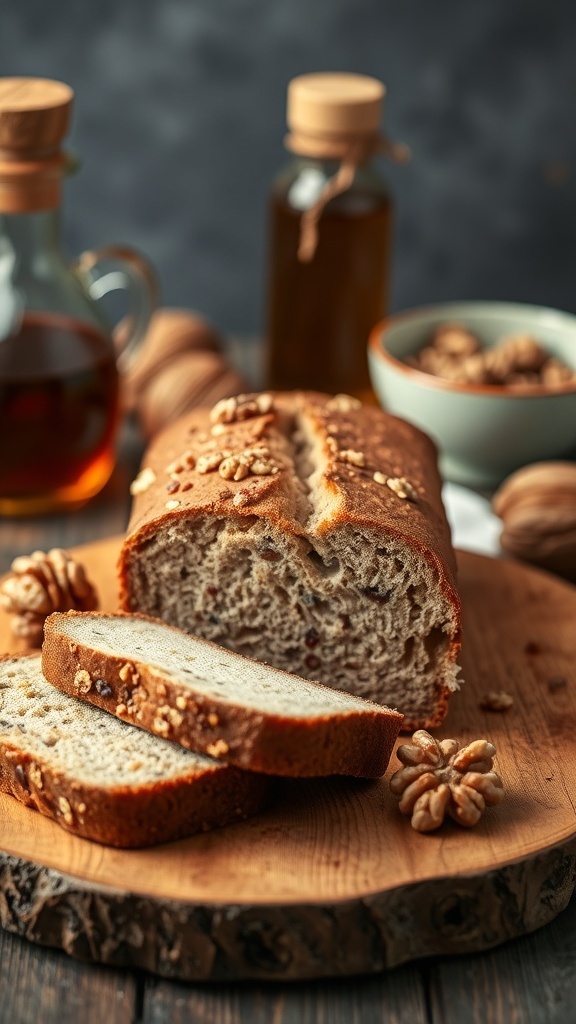 A loaf of maple walnut bread sliced on a wooden board, with walnuts and bottles of maple syrup in the background.