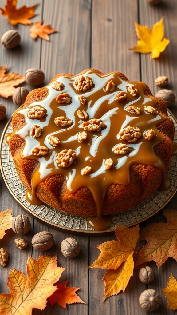 A Maple Walnut Cake topped with caramel and walnuts, surrounded by autumn leaves and nuts.
