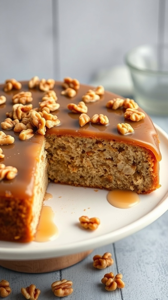 A delicious maple walnut cake topped with walnuts and a maple glaze, with a slice cut out.