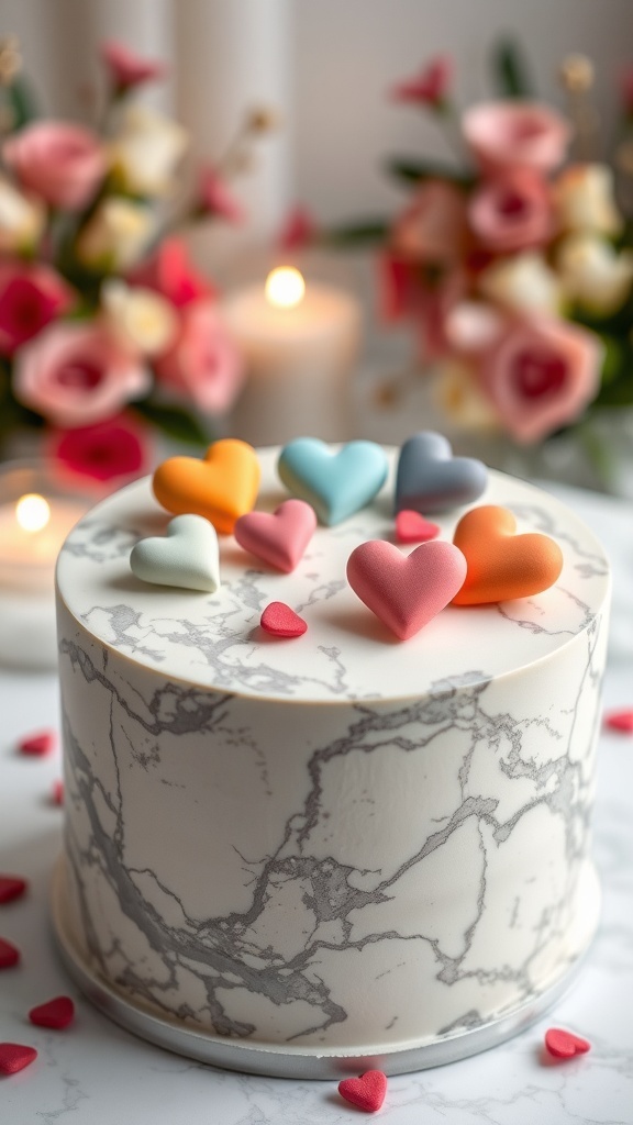 A beautifully decorated marble cake with fondant hearts on top, surrounded by flowers and candles.