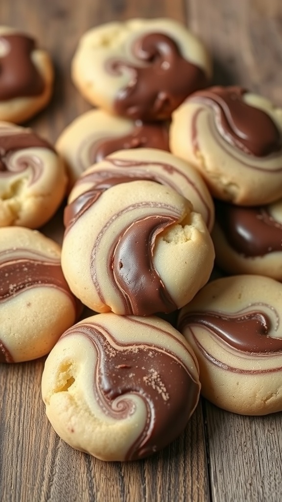 Marbled vanilla and chocolate cookies arranged on a wooden surface.