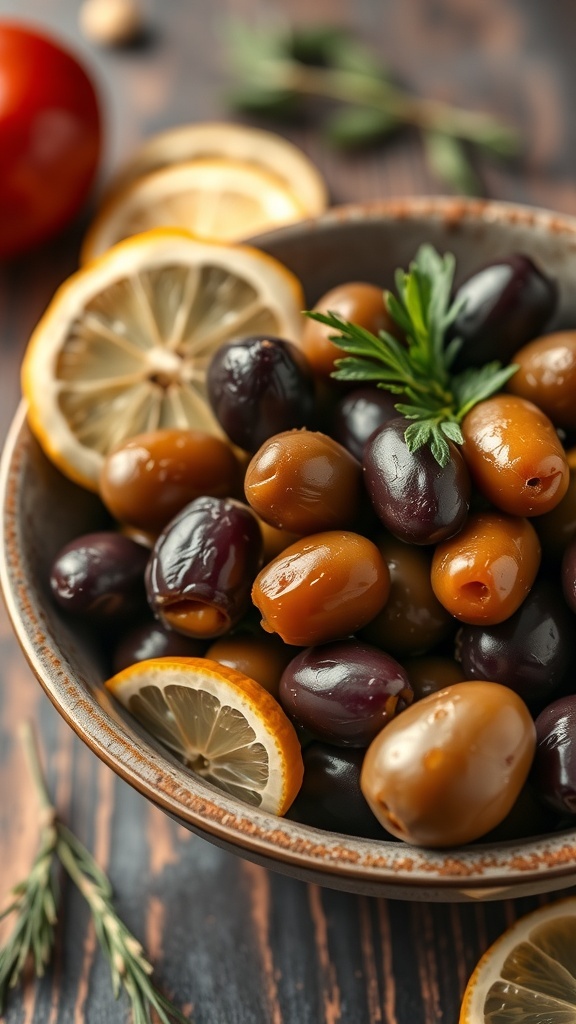 A bowl of marinated olives with lemon slices and herbs
