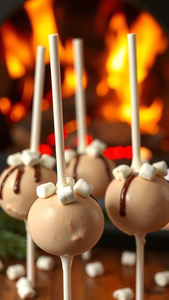 Delicious marshmallow hot cocoa cake pops with a warm fireplace in the background.