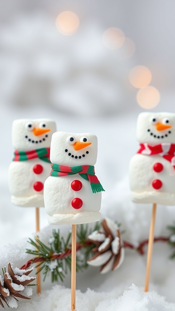 Cute marshmallow snowmen decorated with candy, set against a snowy background.