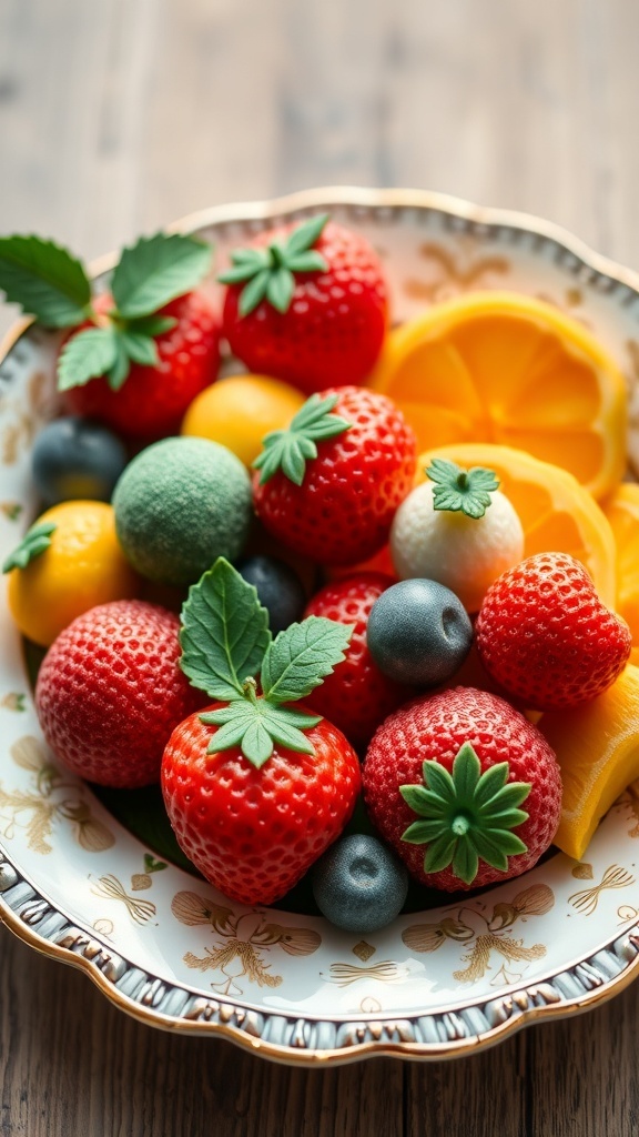 A decorative plate filled with colorful marzipan fruits including strawberries, oranges, and blueberries.