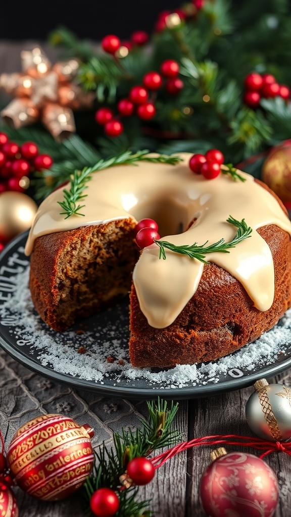 A beautifully decorated marzipan topped fruitcake surrounded by Christmas ornaments and greenery.