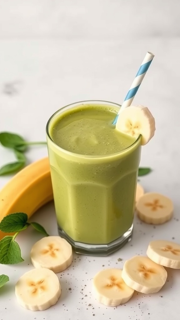 A glass of green Matcha Banana Smoothie with sliced bananas and mint leaves