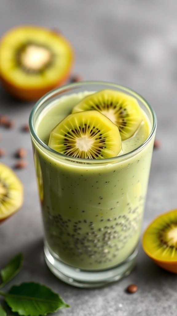 A glass of matcha chia seed pudding topped with kiwi and blueberries, surrounded by chia seeds and leaves.