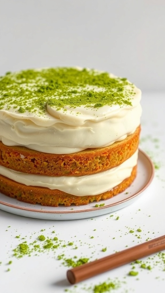 A beautifully layered matcha green tea cake with cream frosting and matcha powder on top.