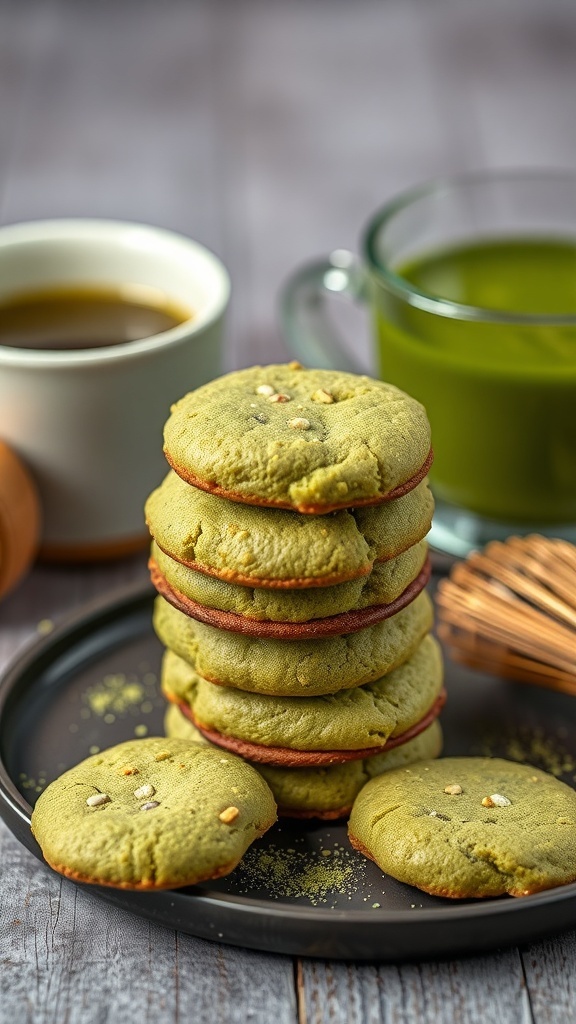 A stack of matcha green tea cookies on a dark plate, with cups of tea in the background.